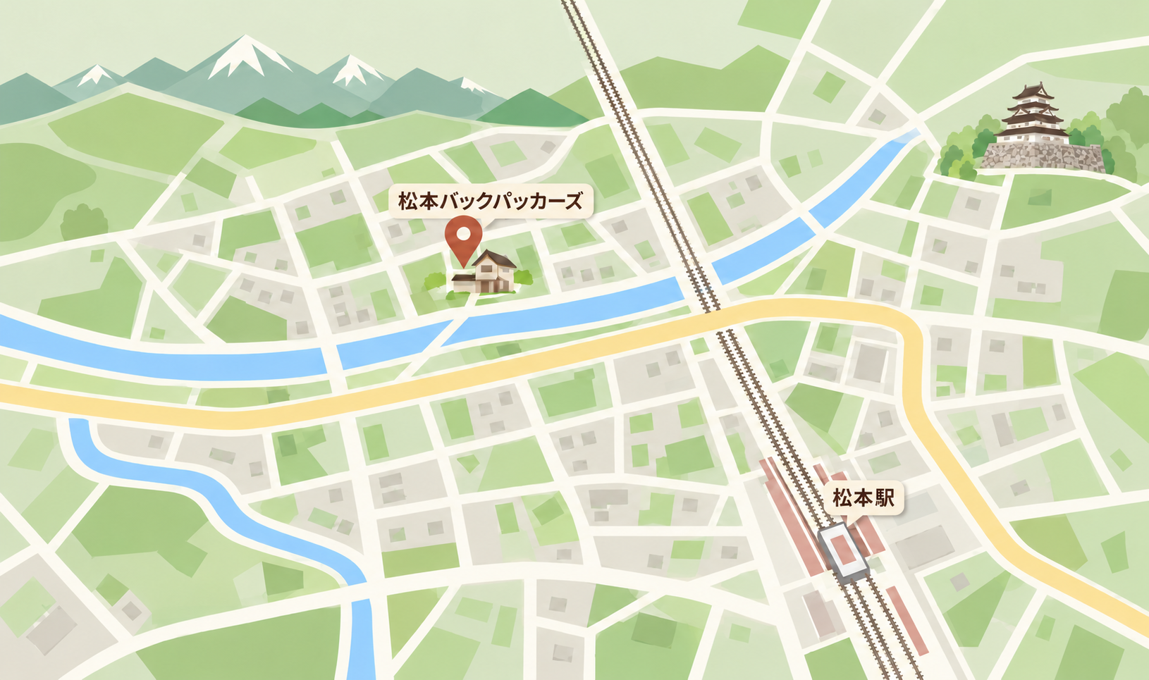 松本駅から宿までの徒歩5分のルートを示すイラスト略図